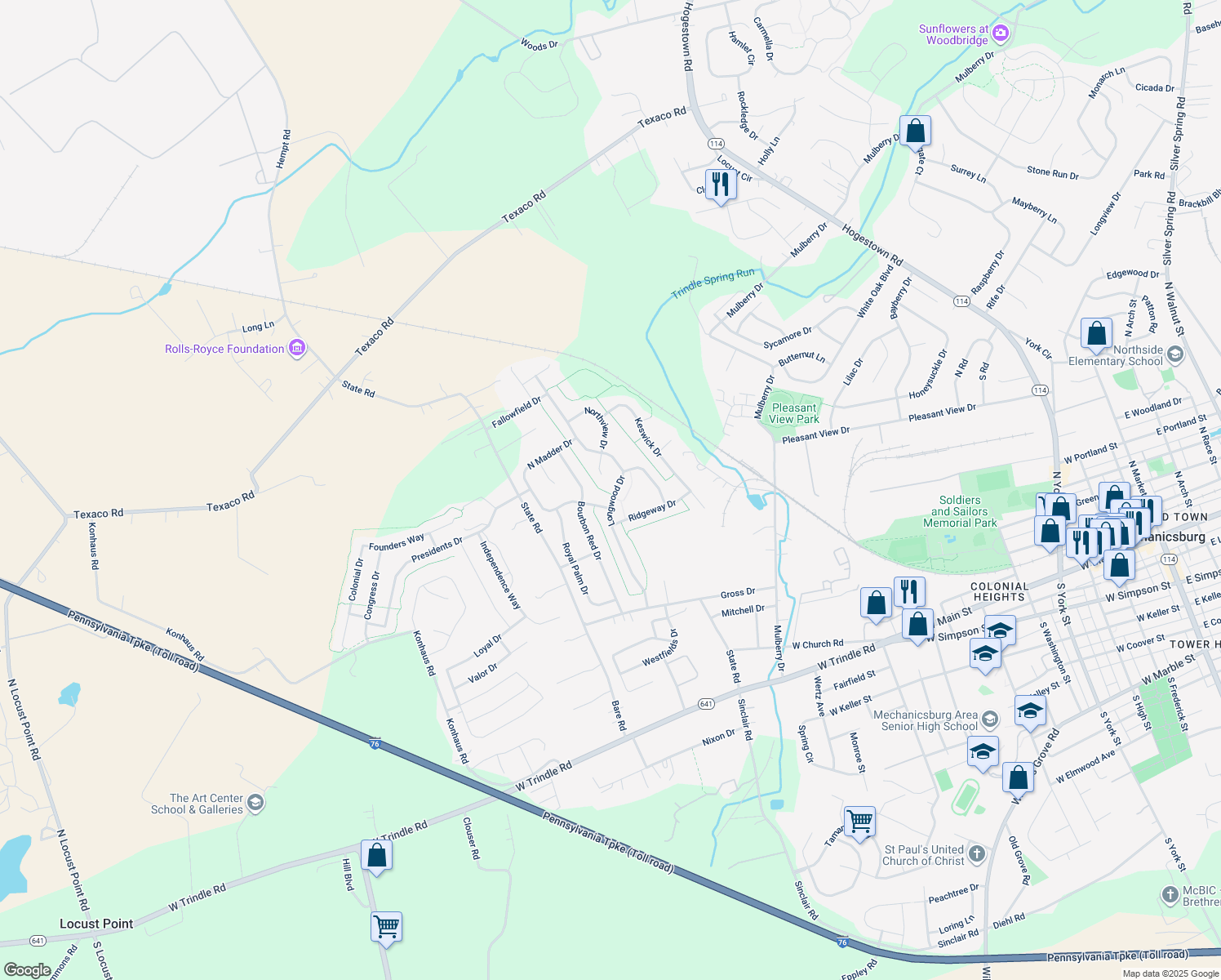 map of restaurants, bars, coffee shops, grocery stores, and more near 47 Longwood Dr in Mechanicsburg