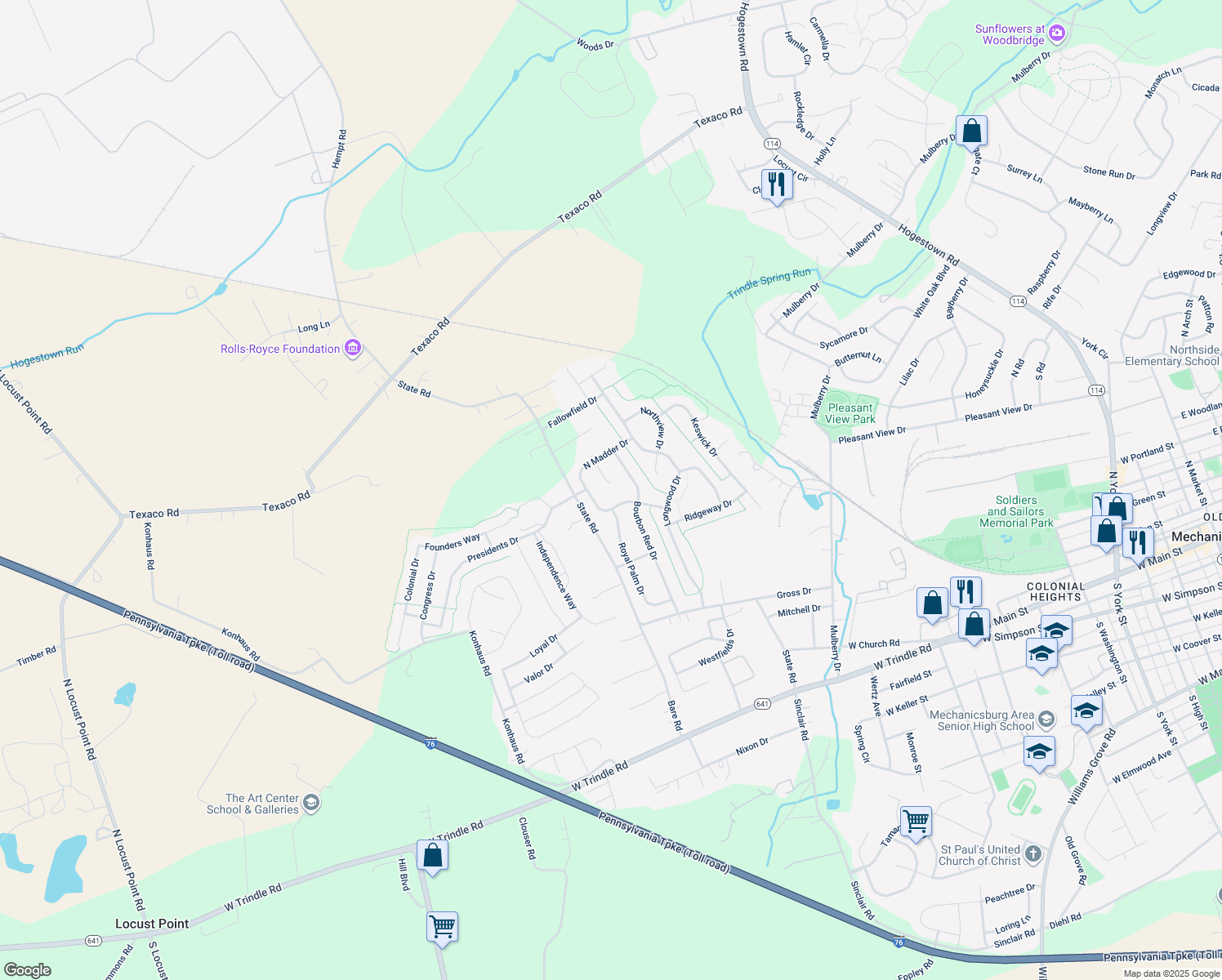 map of restaurants, bars, coffee shops, grocery stores, and more near 10 Naragansett Dr in Mechanicsburg
