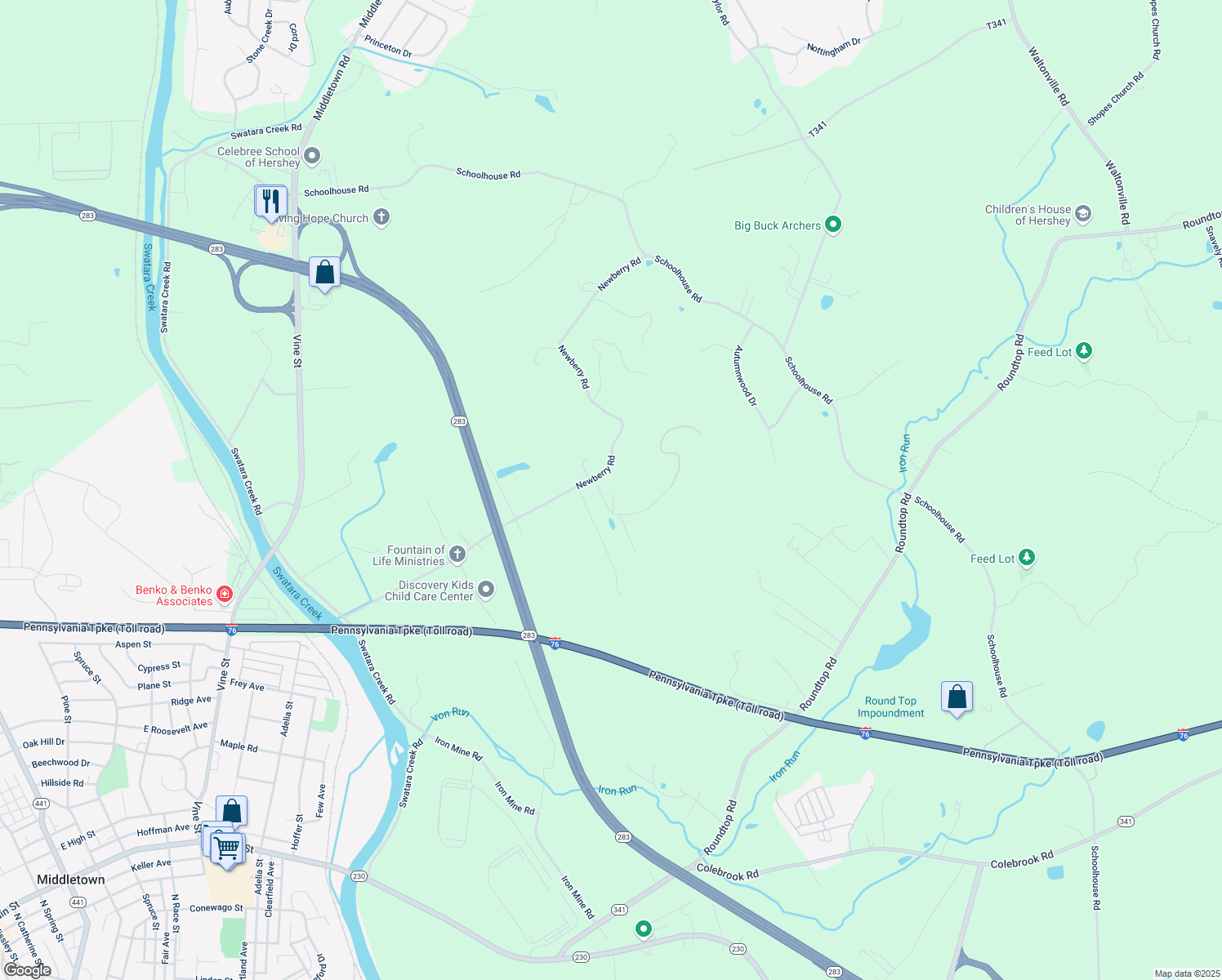 map of restaurants, bars, coffee shops, grocery stores, and more near 975 Cola Road in Middletown