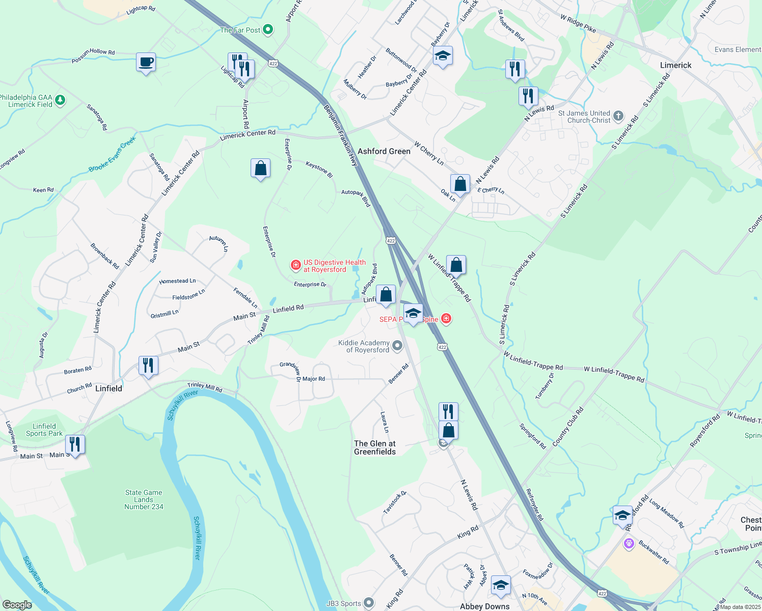 map of restaurants, bars, coffee shops, grocery stores, and more near 107 Apache Lane in Royersford