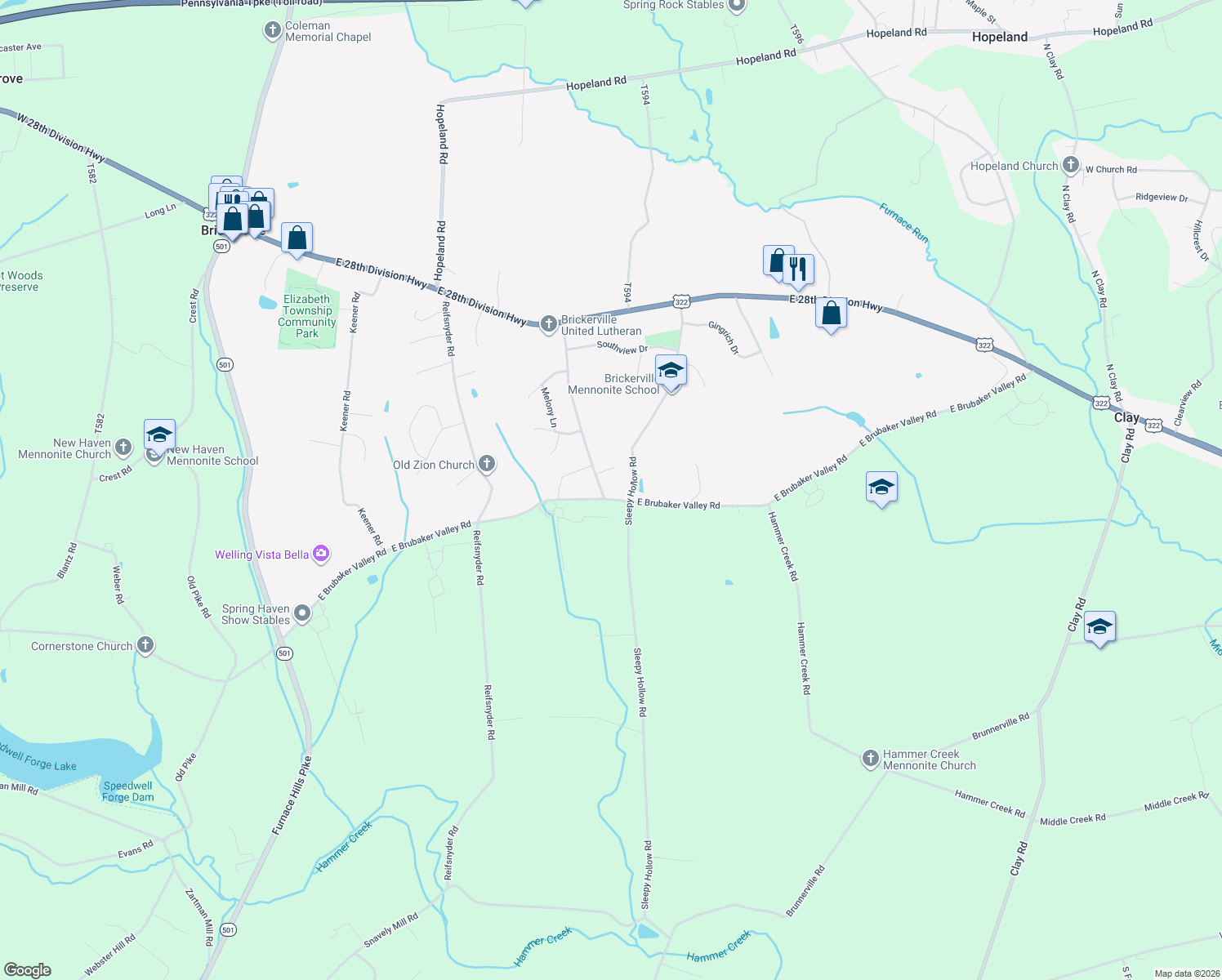 map of restaurants, bars, coffee shops, grocery stores, and more near 361 East Brubaker Valley Road in Lititz
