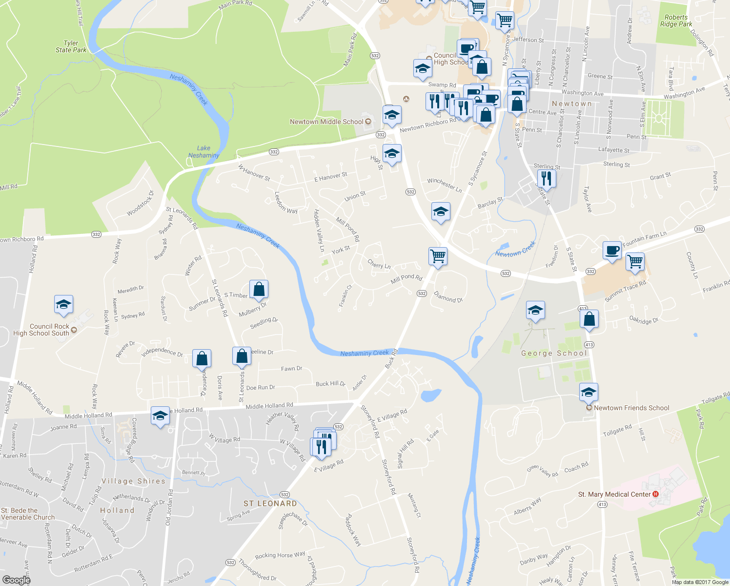 map of restaurants, bars, coffee shops, grocery stores, and more near 2 Hershey Court in Newtown