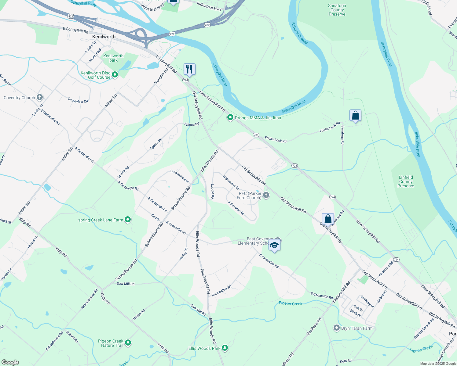 map of restaurants, bars, coffee shops, grocery stores, and more near 33 North Savanna Drive in Pottstown