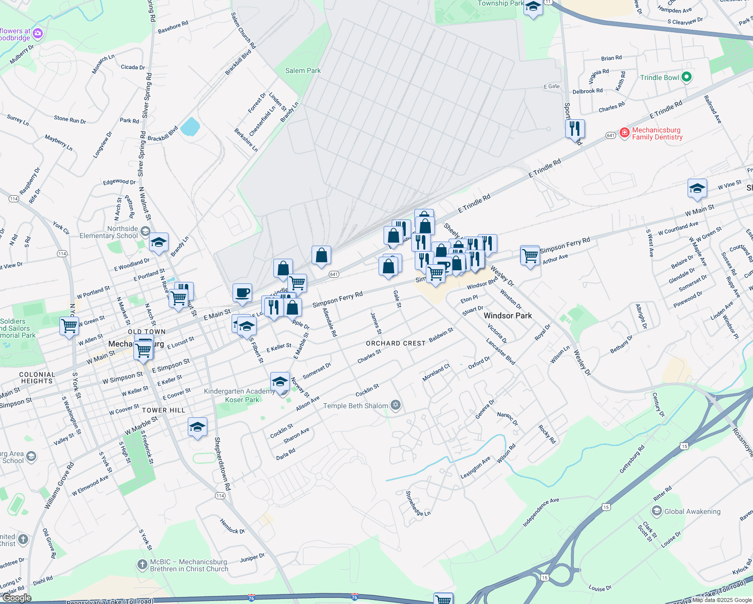 map of restaurants, bars, coffee shops, grocery stores, and more near 1005 Apple Drive in Mechanicsburg