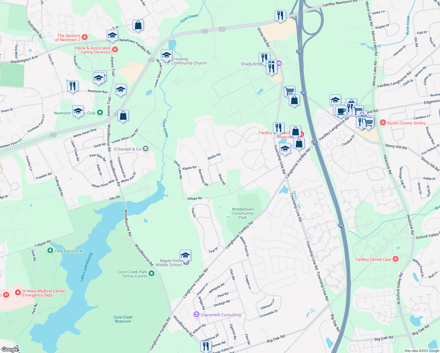 map of restaurants, bars, coffee shops, grocery stores, and more near 38 Basil Road in Langhorne