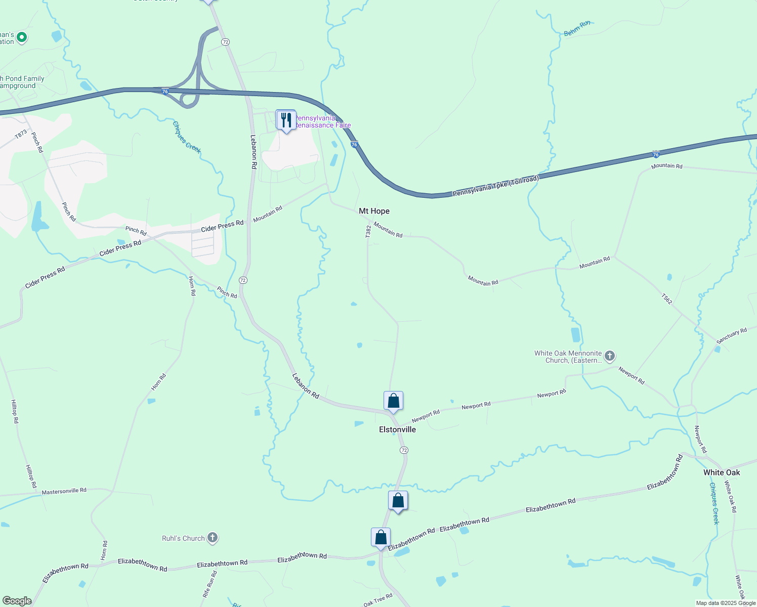 map of restaurants, bars, coffee shops, grocery stores, and more near 2052 East Mount Hope Road in Manheim