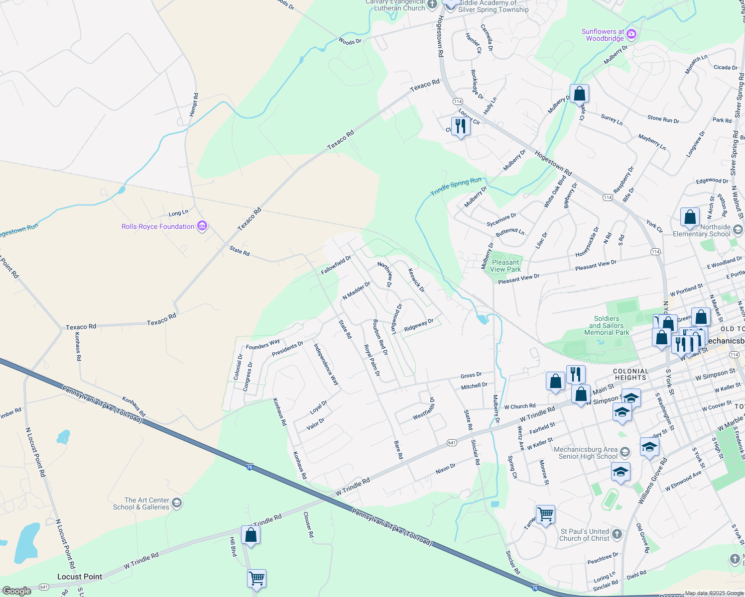 map of restaurants, bars, coffee shops, grocery stores, and more near 52 Bourbon Red Drive in Mechanicsburg
