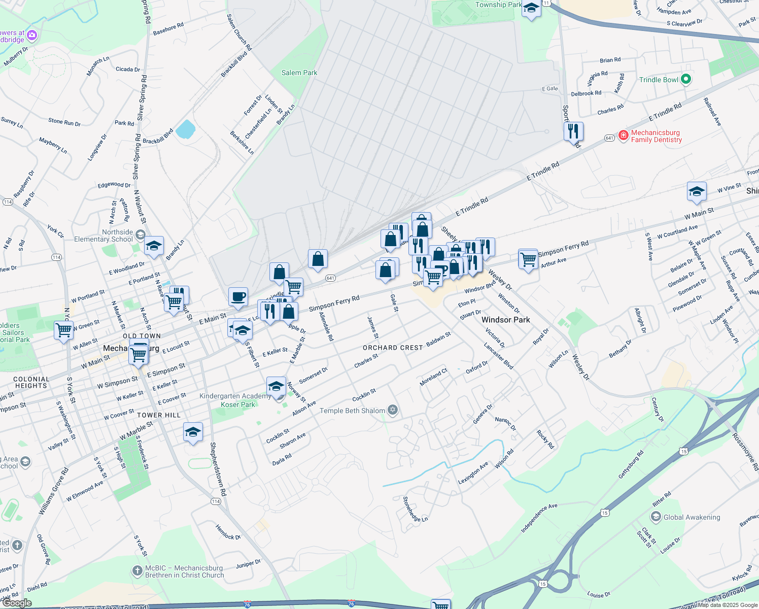 map of restaurants, bars, coffee shops, grocery stores, and more near 1009 Apple Drive in Mechanicsburg