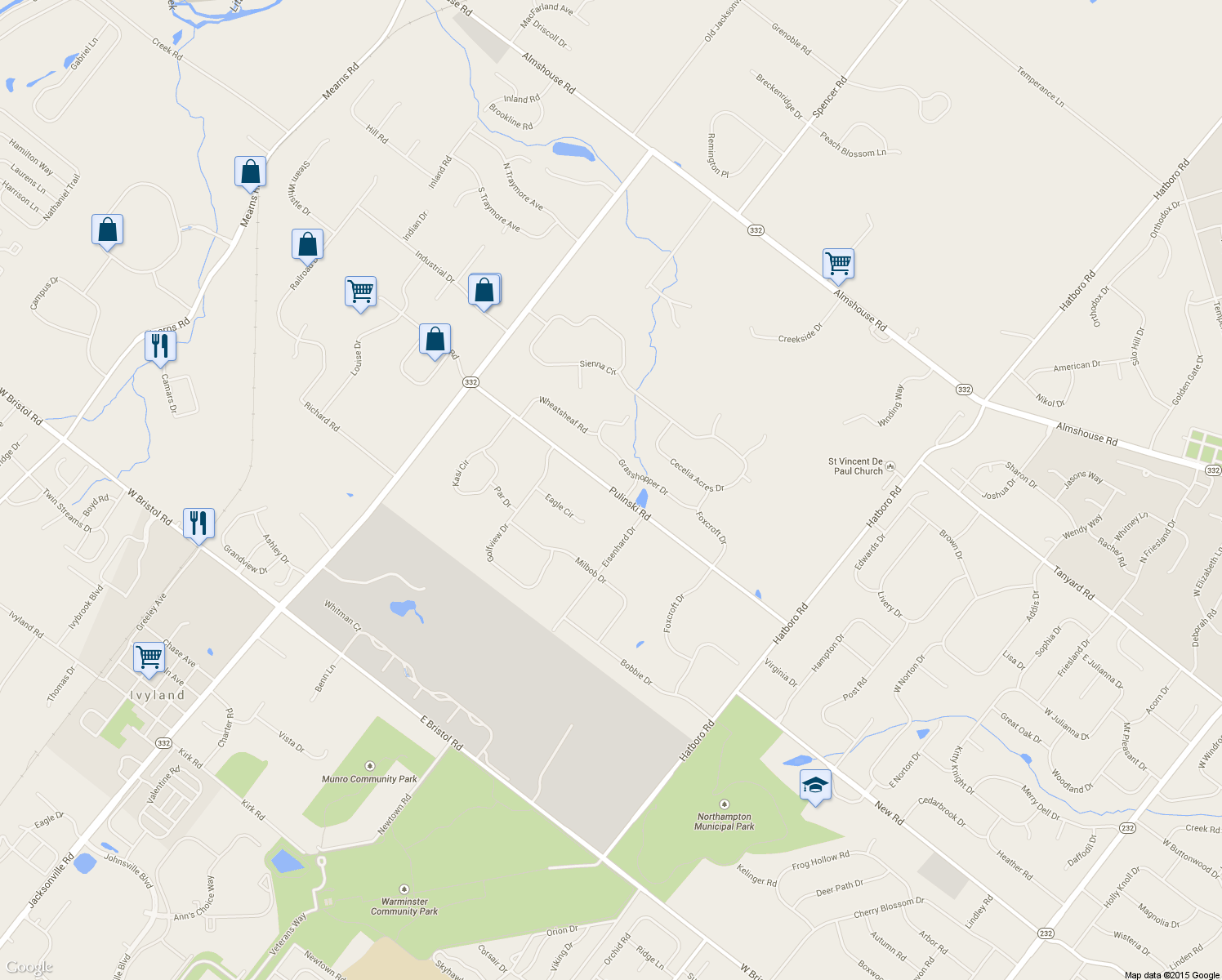 map of restaurants, bars, coffee shops, grocery stores, and more near 810 Pulinski Road in Warminster
