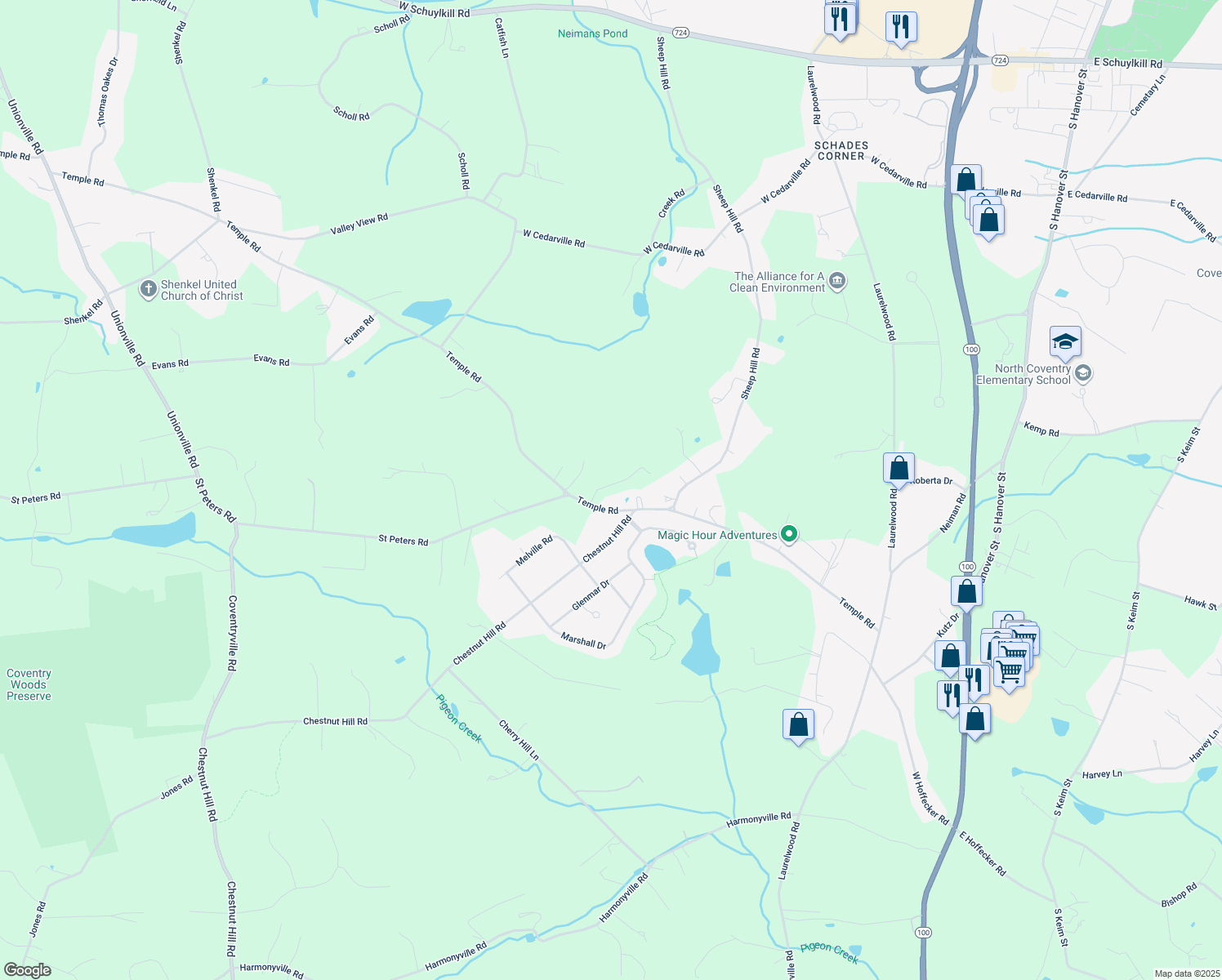 map of restaurants, bars, coffee shops, grocery stores, and more near 1079 Temple Road in Pottstown