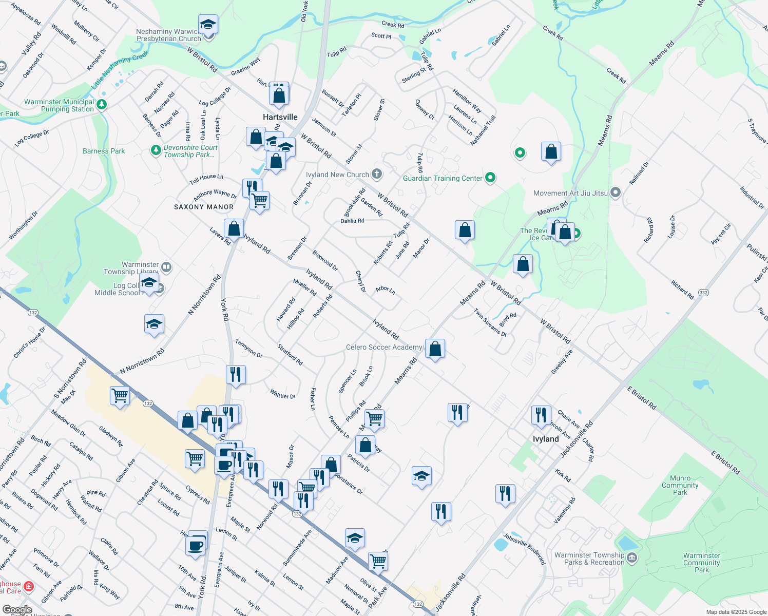 map of restaurants, bars, coffee shops, grocery stores, and more near 675 Cheryl Dr in Warminster