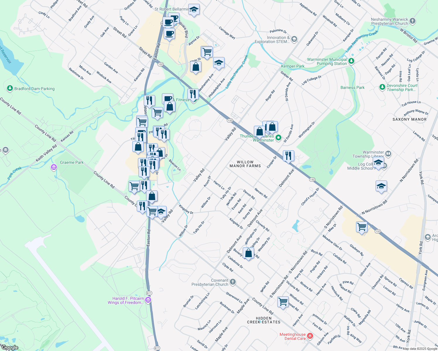 map of restaurants, bars, coffee shops, grocery stores, and more near 341 Hopwood Drive in Warminster