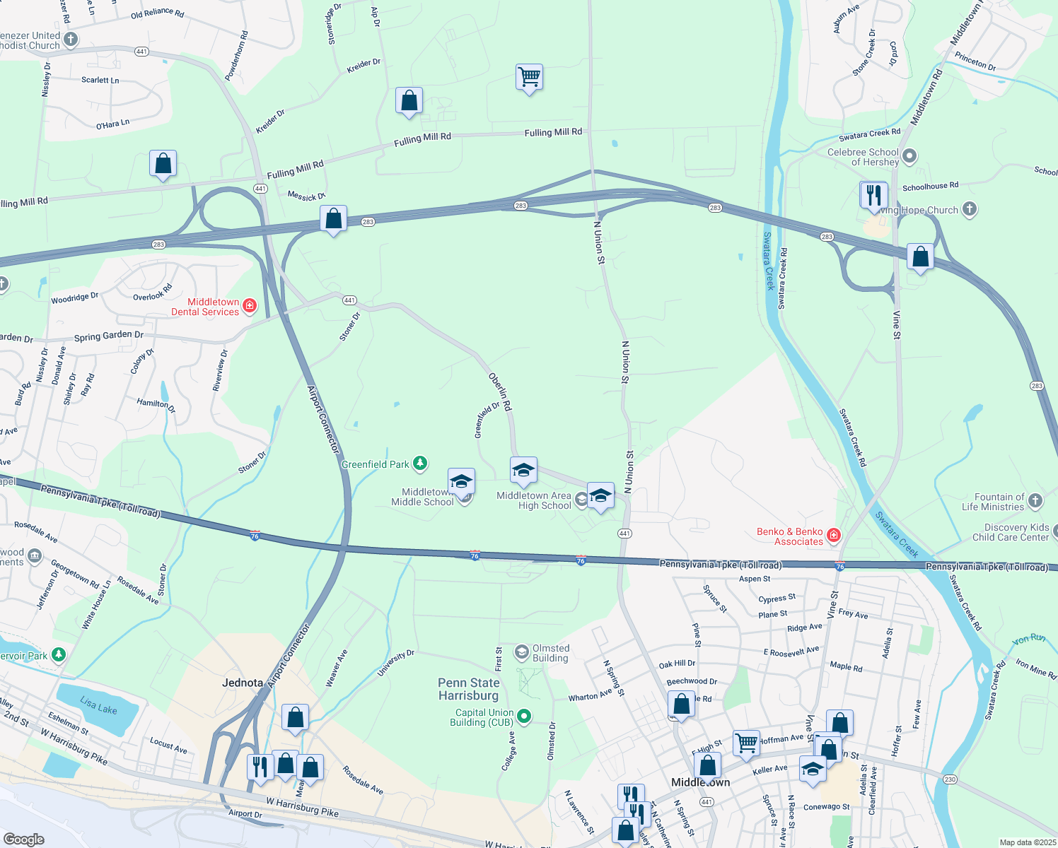 map of restaurants, bars, coffee shops, grocery stores, and more near 250 Oberlin Road in Middletown