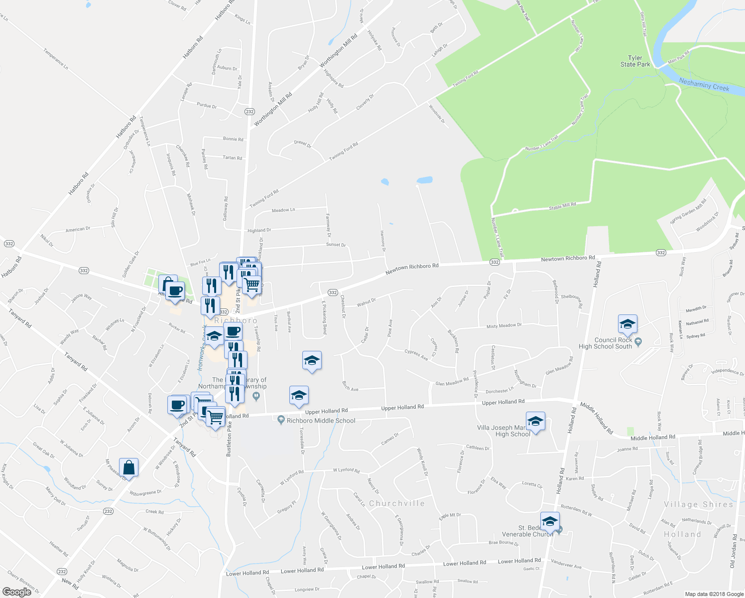 map of restaurants, bars, coffee shops, grocery stores, and more near 57 Walnut Drive in Richboro