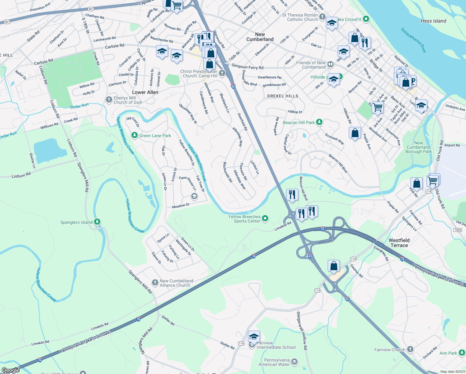 map of restaurants, bars, coffee shops, grocery stores, and more near 144 Blacksmith Rd in Camp Hill