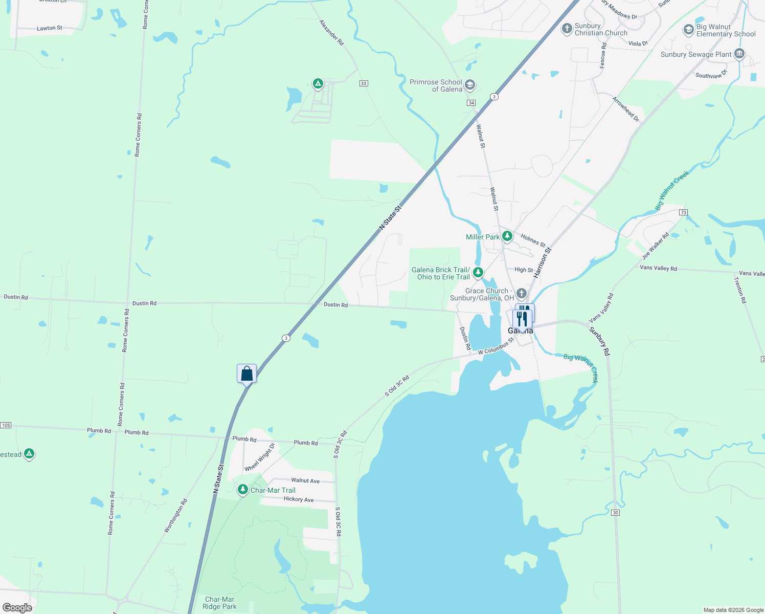 map of restaurants, bars, coffee shops, grocery stores, and more near 8819 Dustin Road in Galena