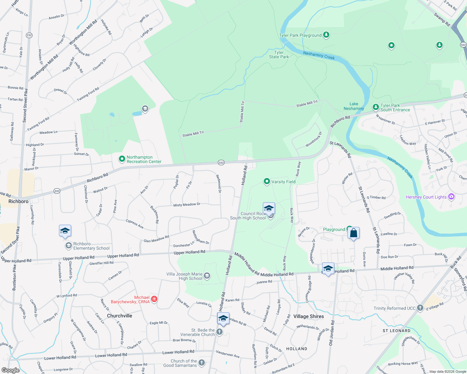map of restaurants, bars, coffee shops, grocery stores, and more near 31 Shelbourne Road in Richboro