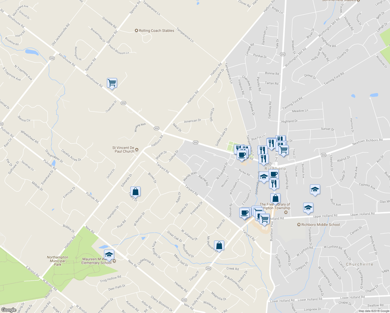 map of restaurants, bars, coffee shops, grocery stores, and more near 46 Jasons Way in Richboro