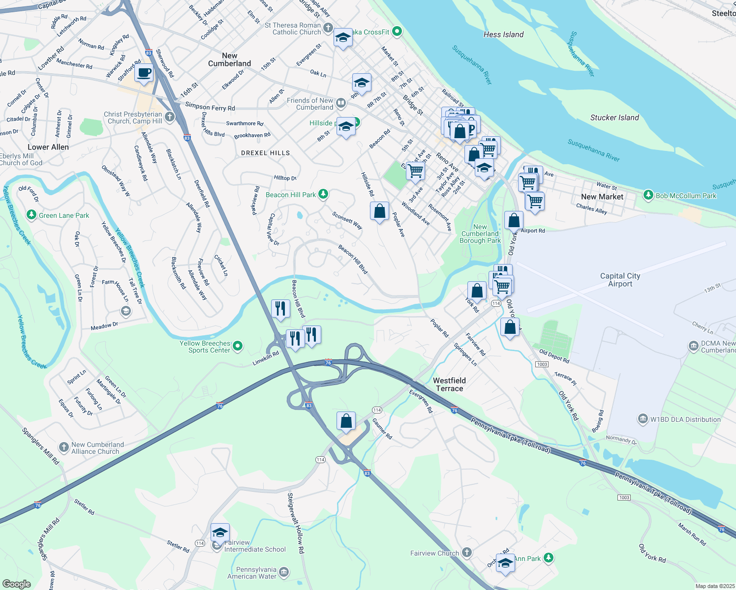 map of restaurants, bars, coffee shops, grocery stores, and more near 1118 Quincy Circle in New Cumberland