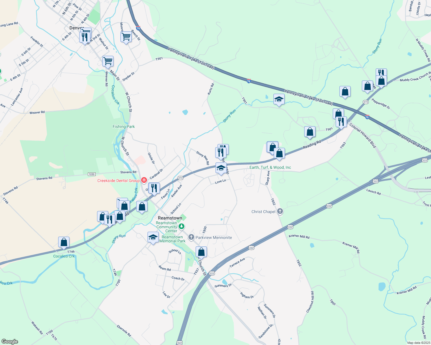 map of restaurants, bars, coffee shops, grocery stores, and more near 132 North Reamstown Road in Stevens