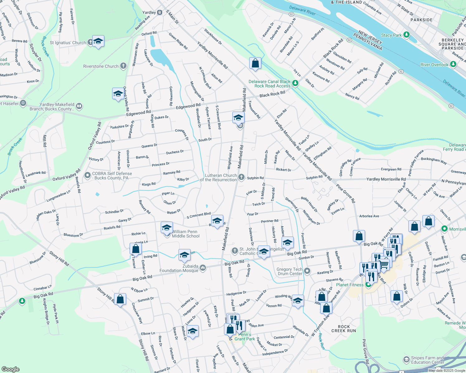 map of restaurants, bars, coffee shops, grocery stores, and more near 1635 Makefield Road in Yardley