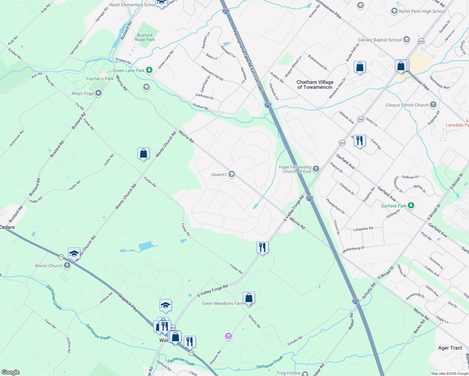 map of restaurants, bars, coffee shops, grocery stores, and more near 2268 Warner Rd in Lansdale