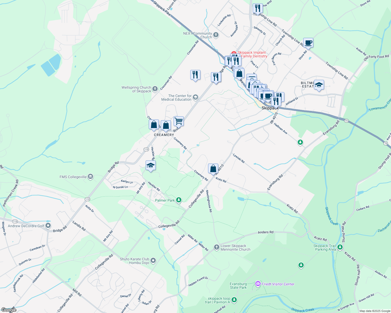 map of restaurants, bars, coffee shops, grocery stores, and more near 1082 Chelsea Way in Collegeville