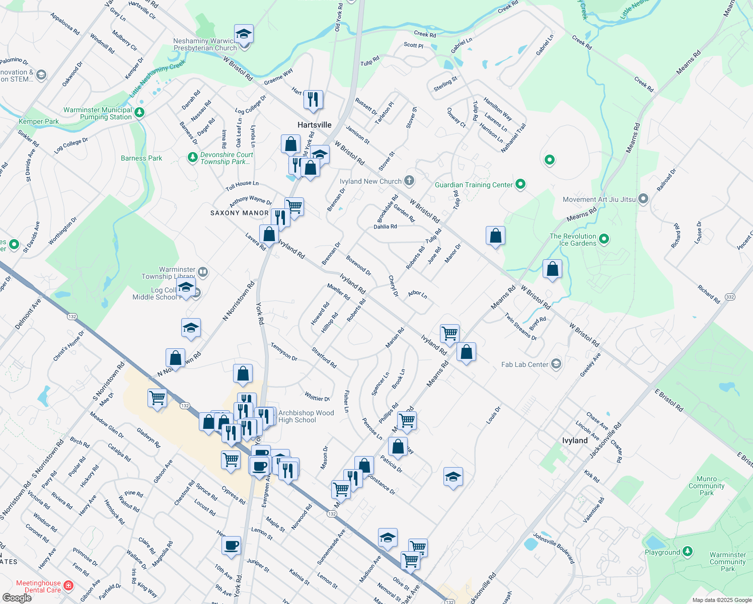 map of restaurants, bars, coffee shops, grocery stores, and more near 676 Ivyland Road in Warminster
