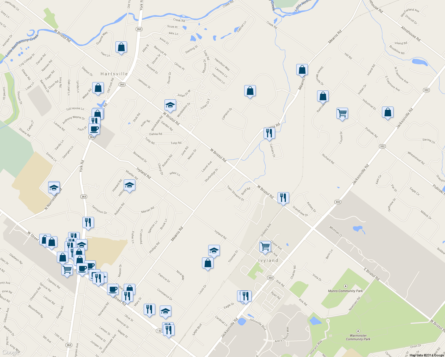 map of restaurants, bars, coffee shops, grocery stores, and more near 1310 Mearns Rd in Warminster