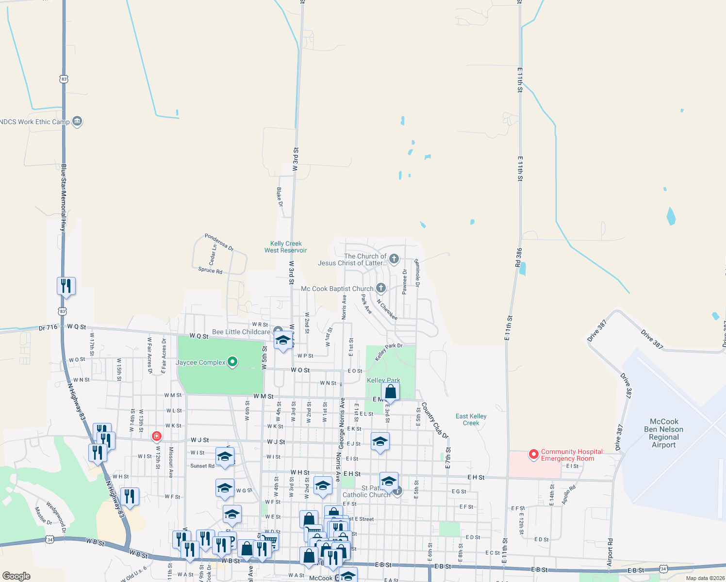 map of restaurants, bars, coffee shops, grocery stores, and more near 399 Park Ave in McCook