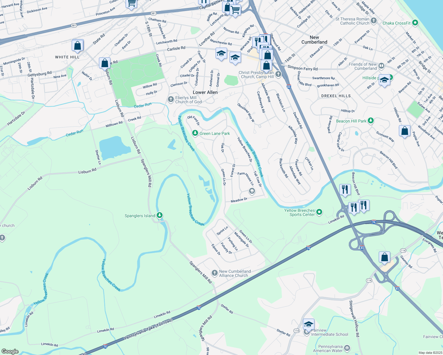 map of restaurants, bars, coffee shops, grocery stores, and more near 234 Green Lane Drive in Camp Hill
