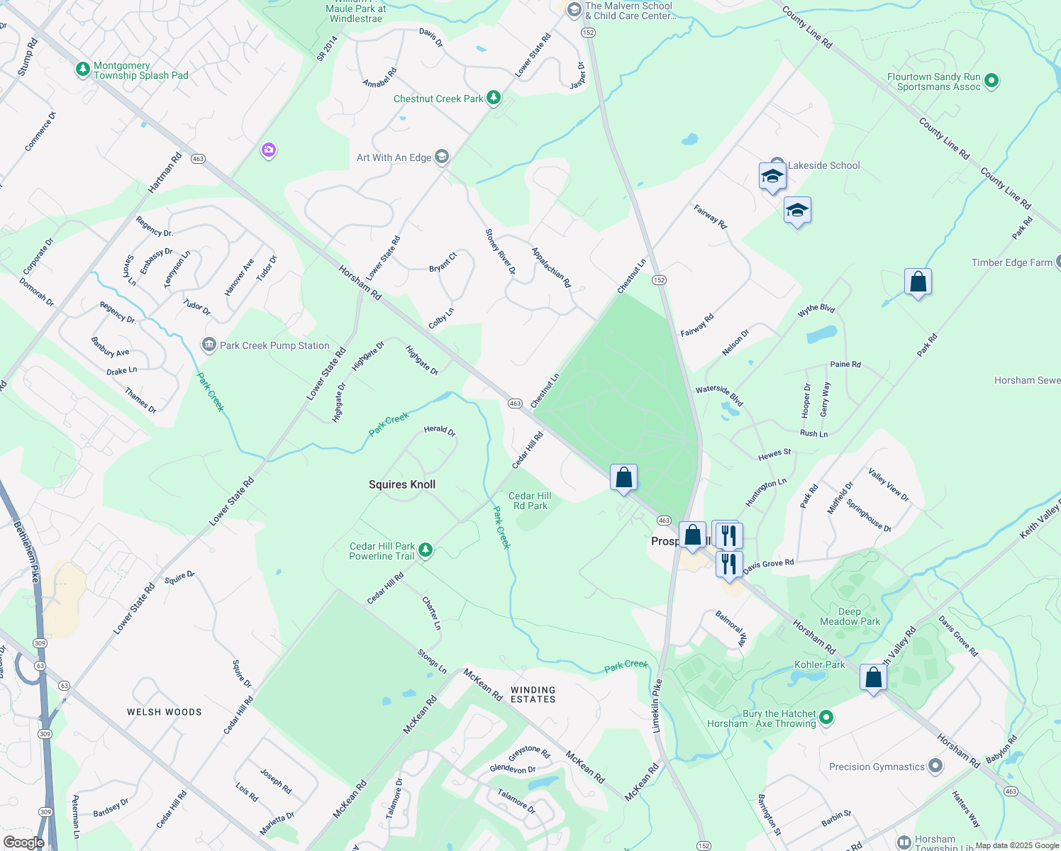 map of restaurants, bars, coffee shops, grocery stores, and more near 1231 Horsham Road in Ambler