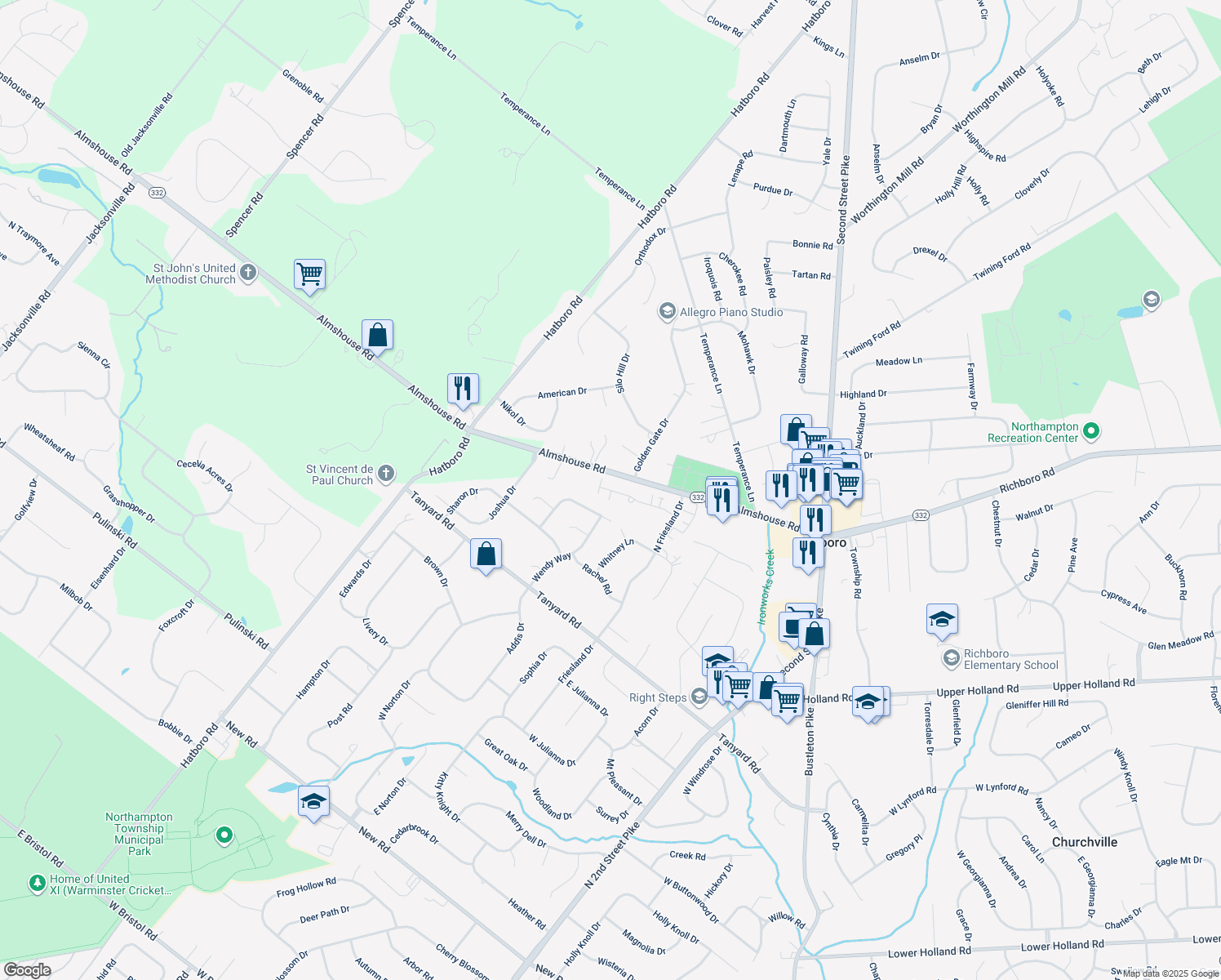map of restaurants, bars, coffee shops, grocery stores, and more near 12 Legacy Oaks Drive in Richboro
