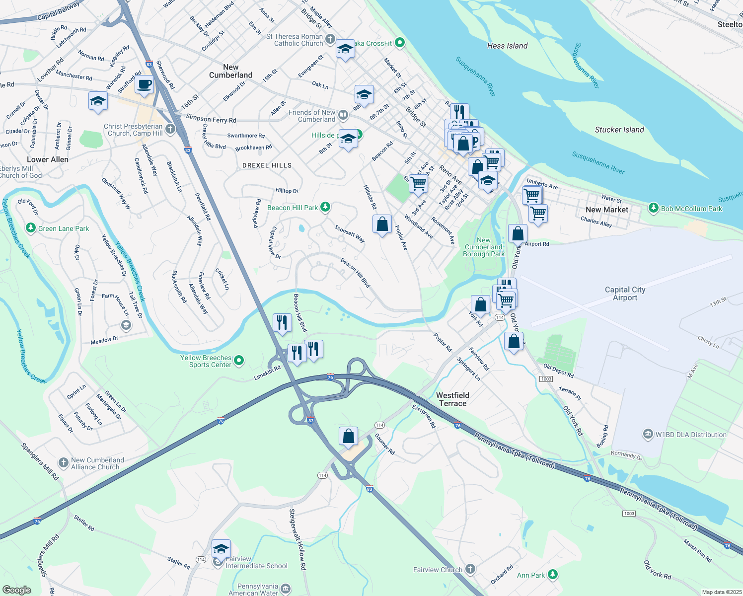 map of restaurants, bars, coffee shops, grocery stores, and more near 1130 Brockton Circle in New Cumberland