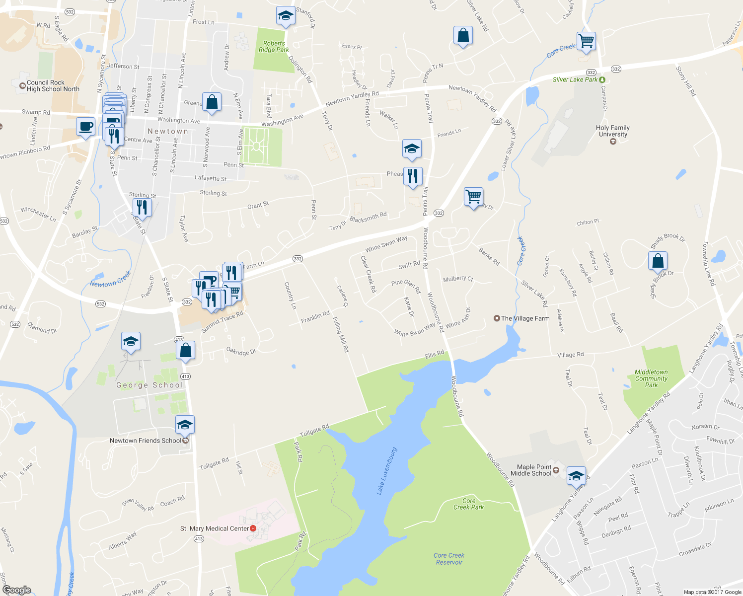 map of restaurants, bars, coffee shops, grocery stores, and more near 244 Pine Glen Road in Langhorne