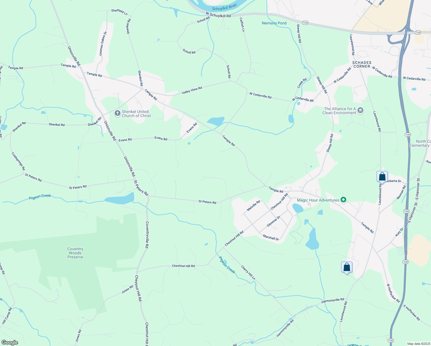 map of restaurants, bars, coffee shops, grocery stores, and more near 1813 Alyssa Lane in Pottstown
