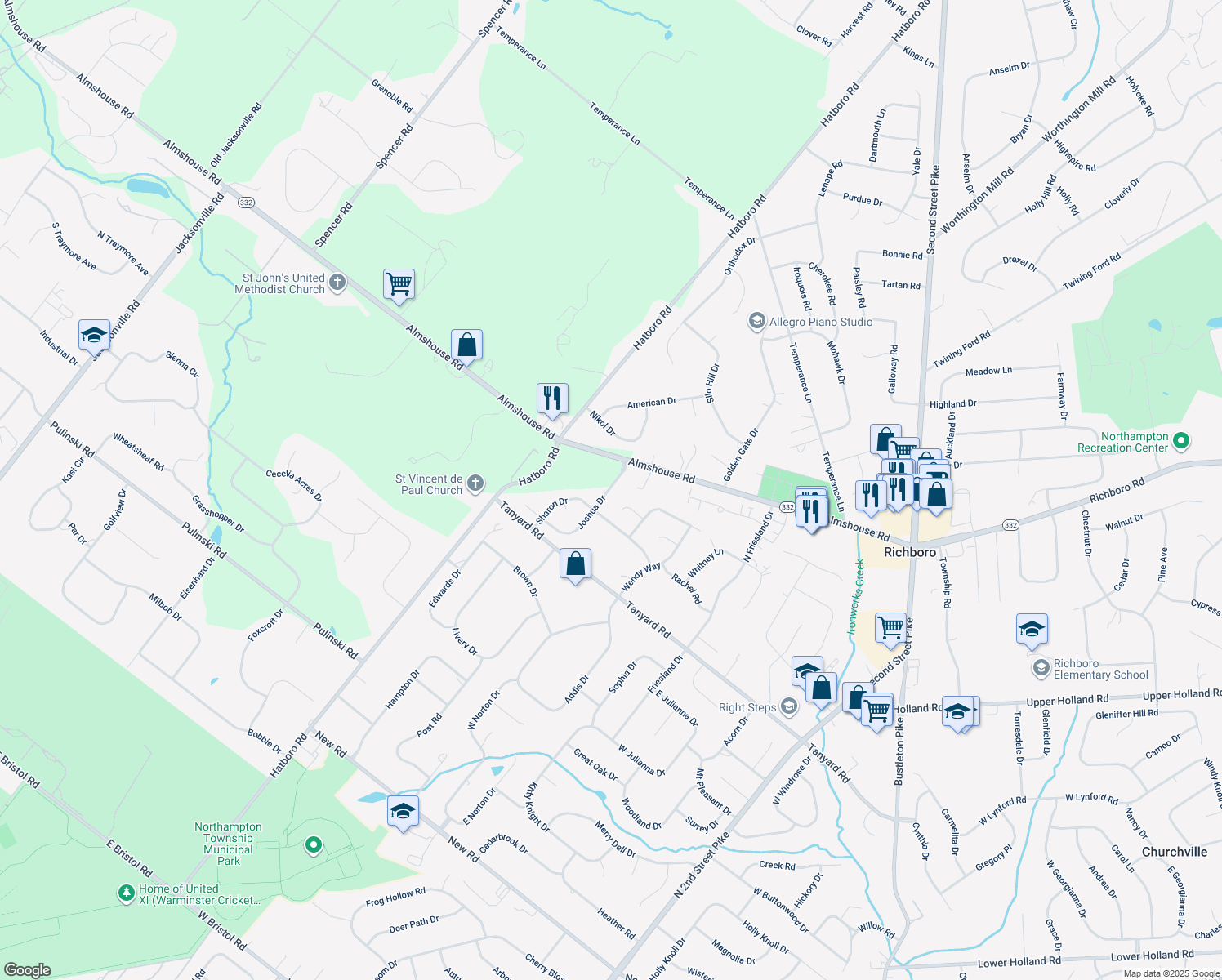 map of restaurants, bars, coffee shops, grocery stores, and more near 9 Joshua Drive in Richboro