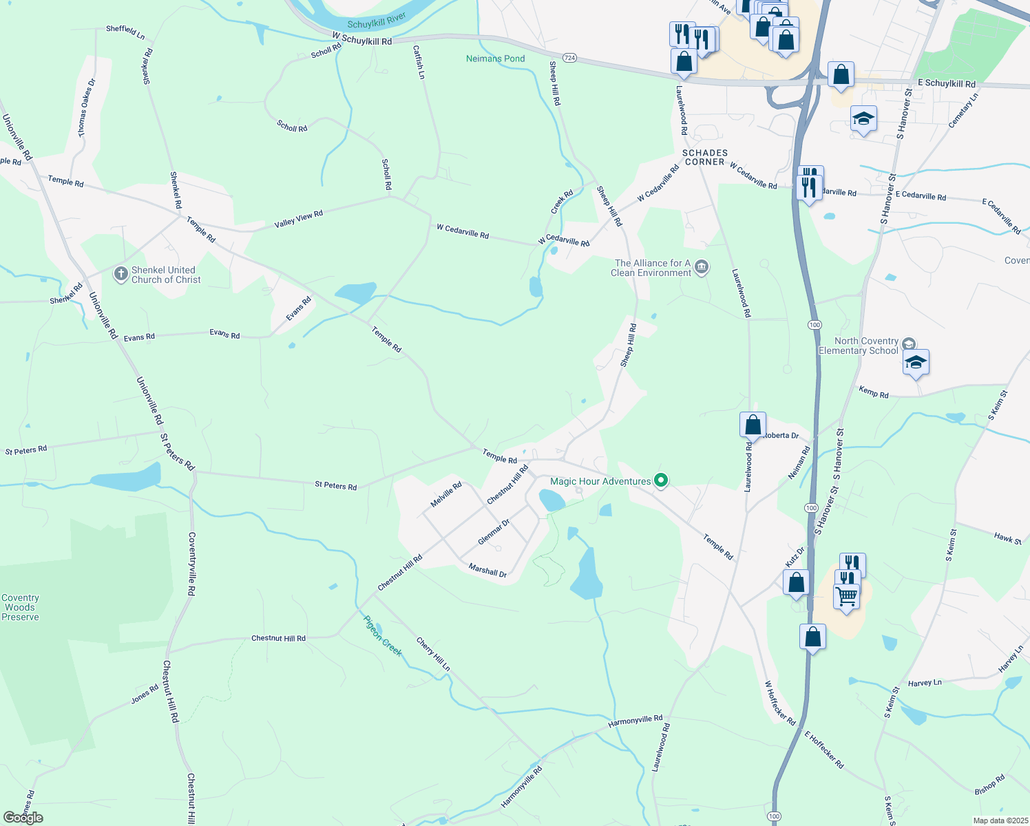 map of restaurants, bars, coffee shops, grocery stores, and more near 1087 Temple Road in Pottstown