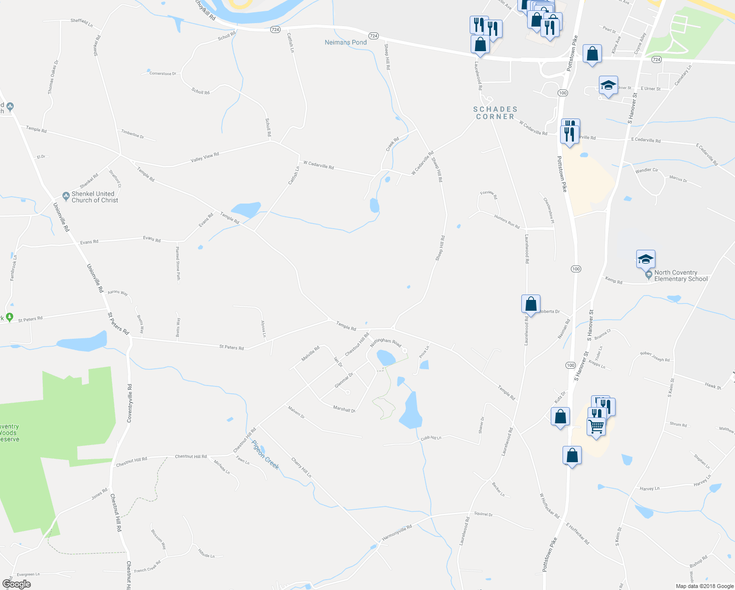 map of restaurants, bars, coffee shops, grocery stores, and more near 1087 Temple Road in Pottstown