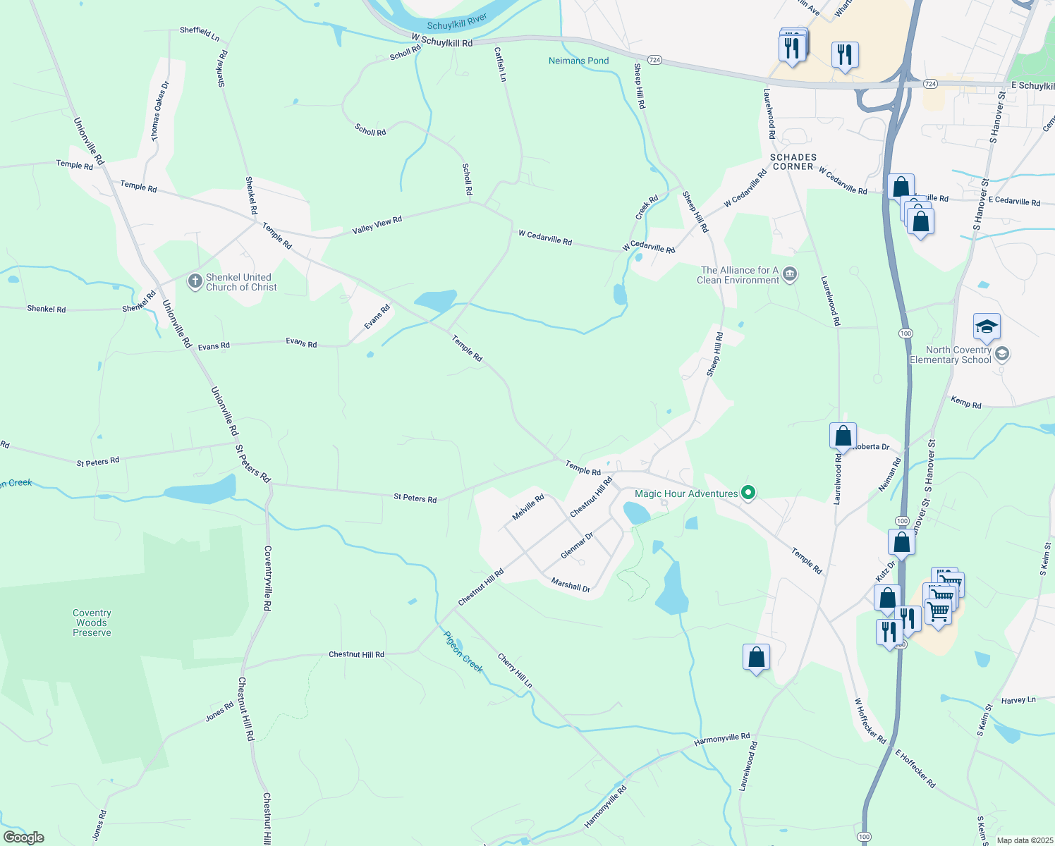 map of restaurants, bars, coffee shops, grocery stores, and more near 1153 Temple Road in Pottstown