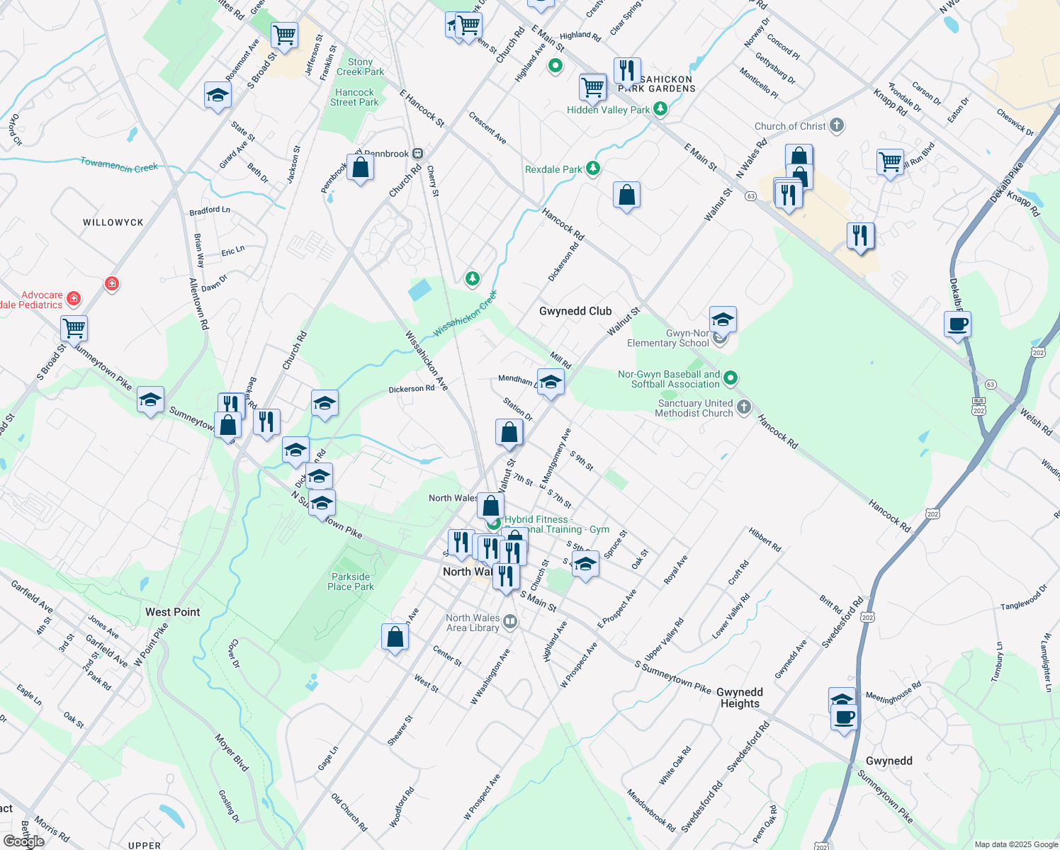 map of restaurants, bars, coffee shops, grocery stores, and more near 102 Station Drive in North Wales