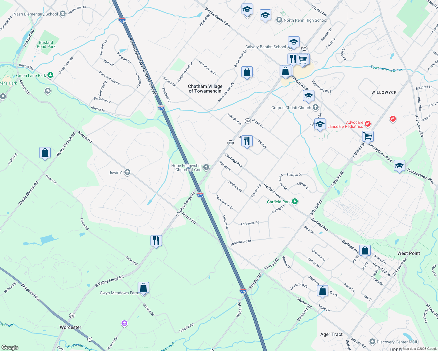 map of restaurants, bars, coffee shops, grocery stores, and more near 952 Flintlock Drive in Lansdale