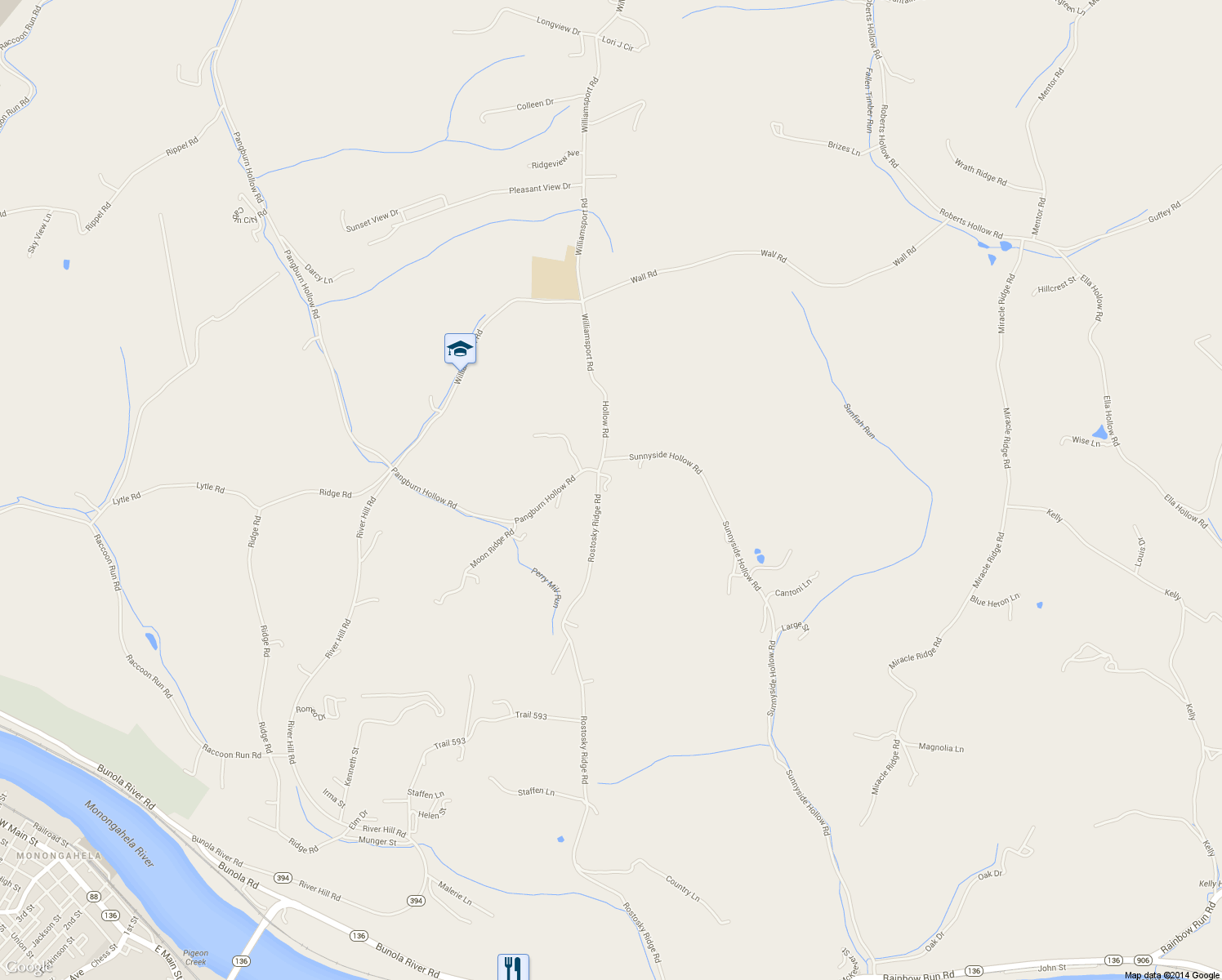 map of restaurants, bars, coffee shops, grocery stores, and more near 4467 Rostosky Ridge Road in Monongahela