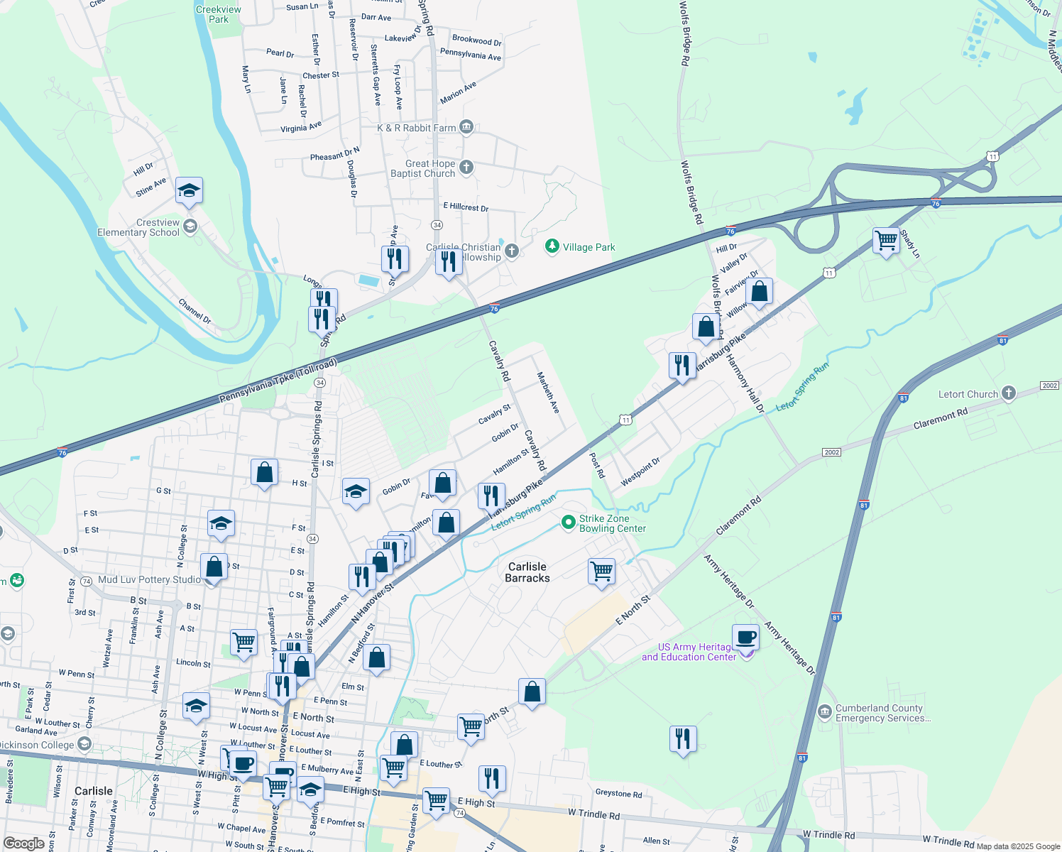 map of restaurants, bars, coffee shops, grocery stores, and more near 115 Cavalry Rd in Carlisle