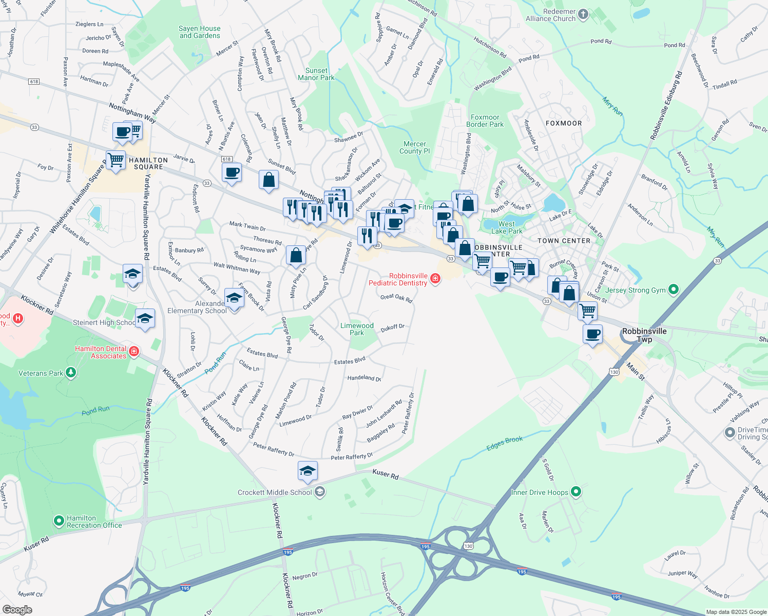 map of restaurants, bars, coffee shops, grocery stores, and more near 8 Anastasia Court in Hamilton Township