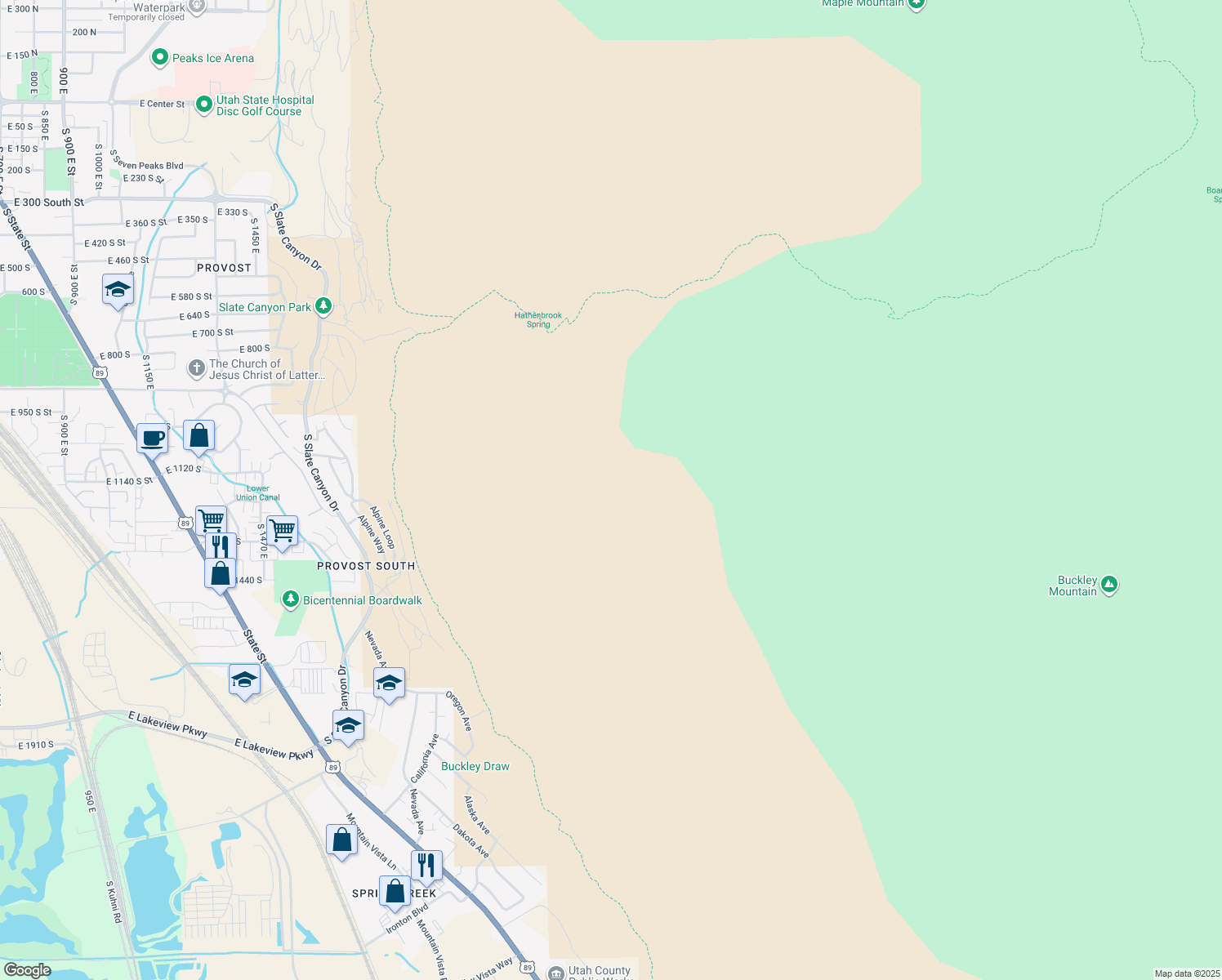 map of restaurants, bars, coffee shops, grocery stores, and more near Bonneville Shoreline Trail in Provo