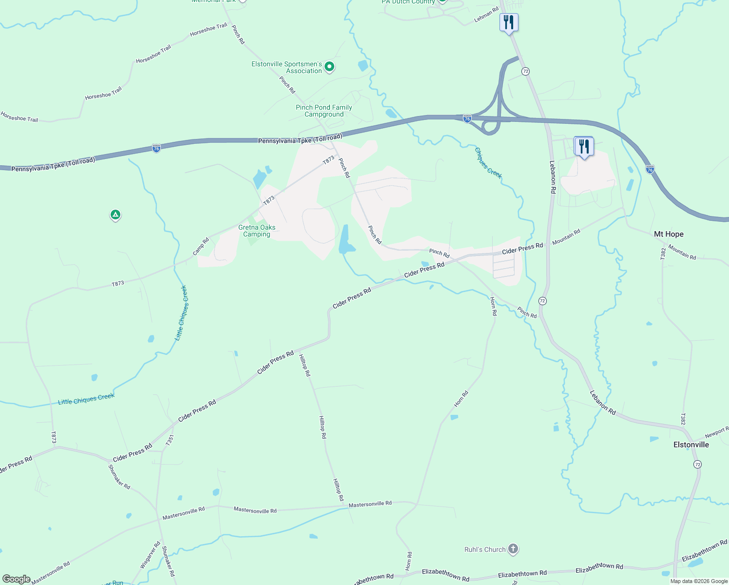 map of restaurants, bars, coffee shops, grocery stores, and more near 353 Cider Press Road in Manheim