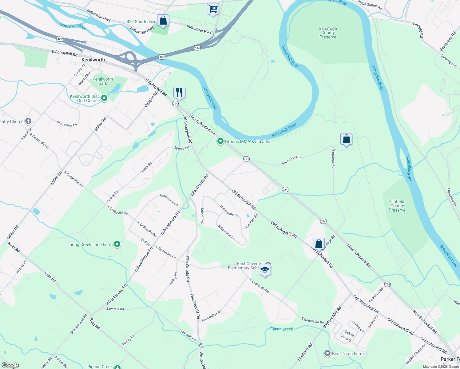map of restaurants, bars, coffee shops, grocery stores, and more near 443 Old Schuylkill Rd in Pottstown