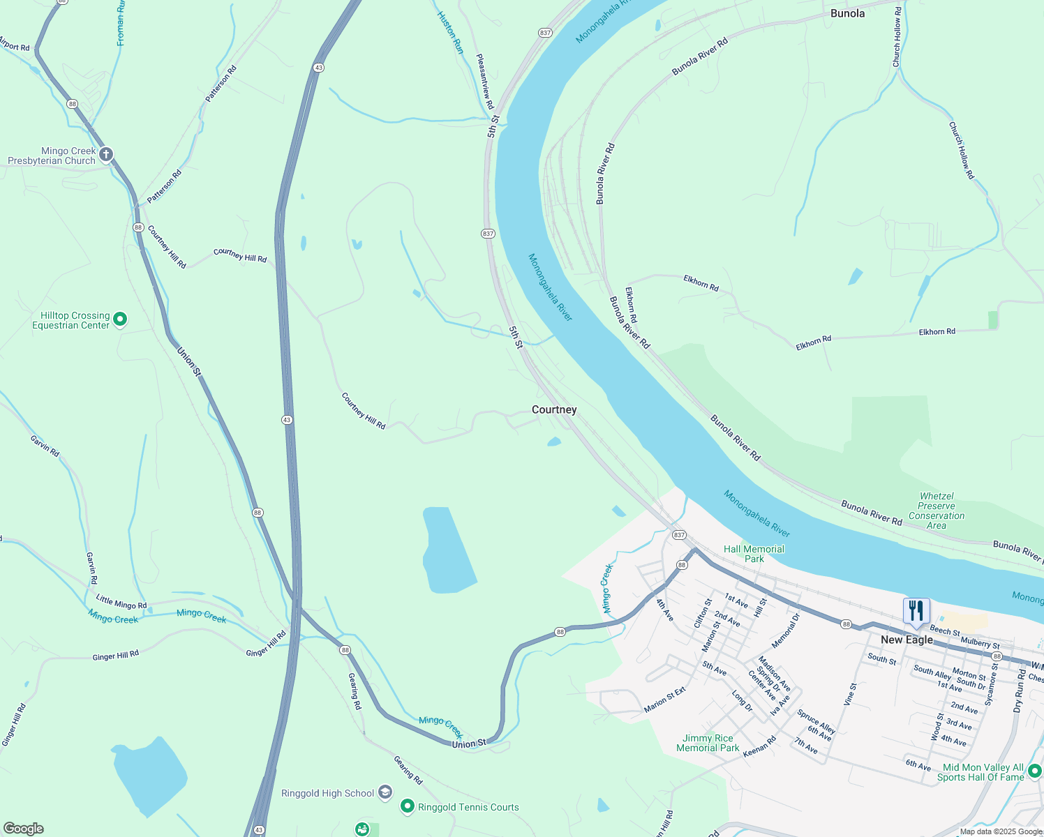 map of restaurants, bars, coffee shops, grocery stores, and more near 354 Courtney Hill Road in New Eagle