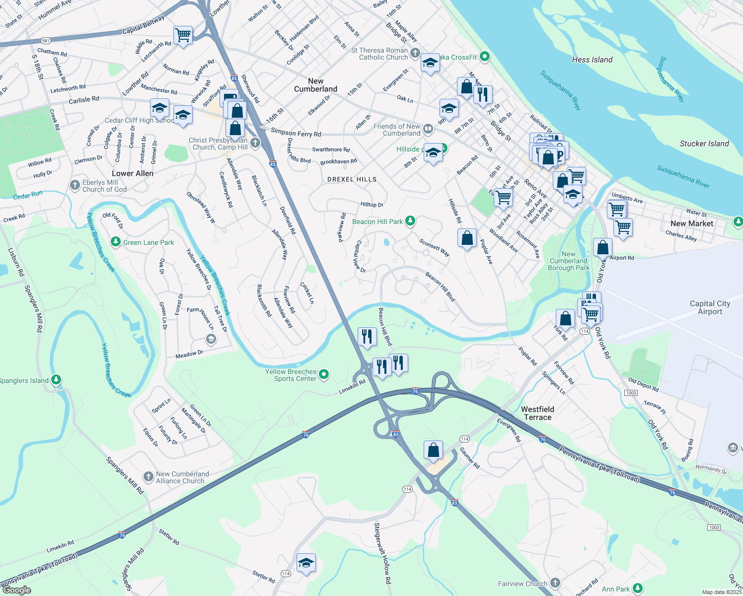 map of restaurants, bars, coffee shops, grocery stores, and more near 1740 Creek Vista Drive in New Cumberland